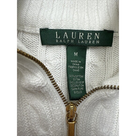 Lauren Ralph Lauren Sweater Medium Full Zip White Cable Knit Mock Neck Women - Picture 2 of 12